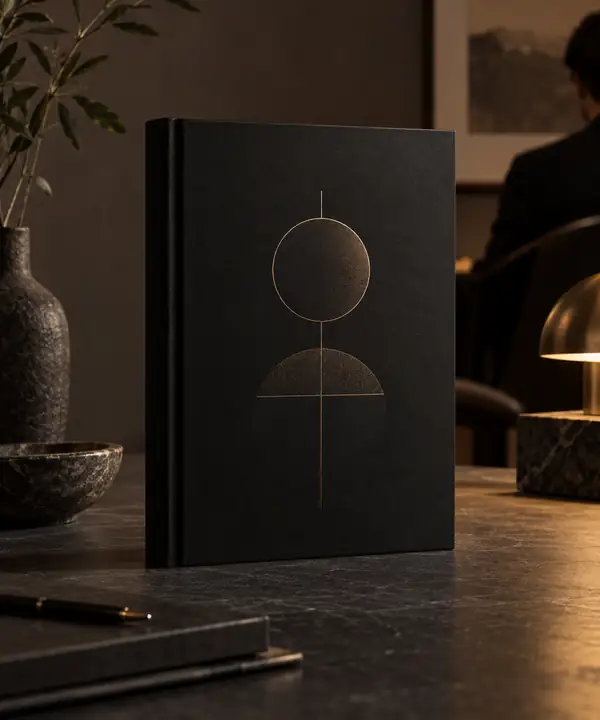 A refined black hardcover marketing handbook standing upright against a warm charcoal studio background, softly lit, with a minimal geometric cover design and no legible lettering